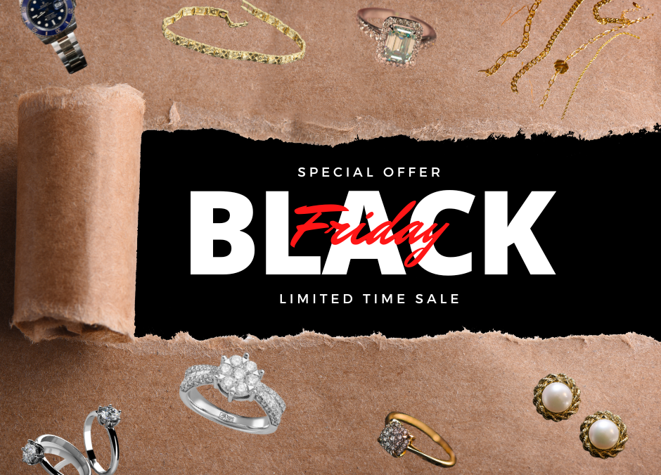 Elegant assortment of diamond rings, gold necklaces, and luxury watches on display, highlighting Black Friday jewelry deals.